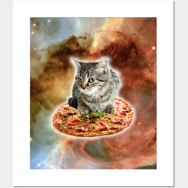 Galaxy Kitty Cat Riding Pizza In Space Wall Art by Random Galaxy